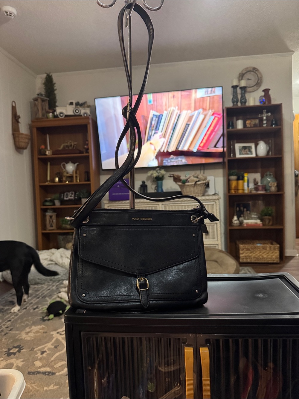 Max Studio Black Leather Crossbody Satchel with Front Silver Buckle